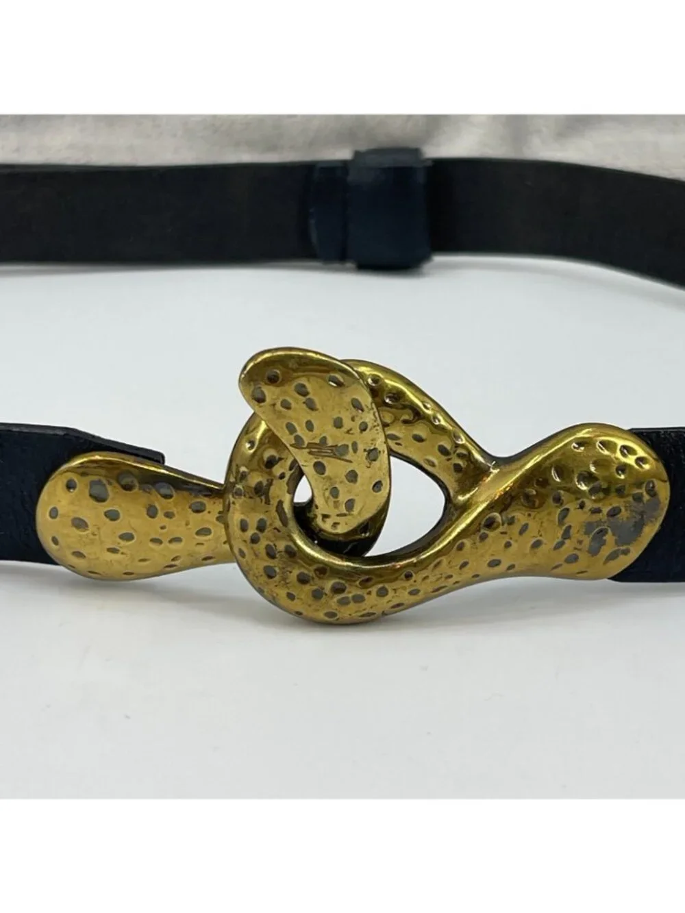 Vintage Chicos Women's M/L Black Leather Adjustable Hammered Brass Buckle Belt